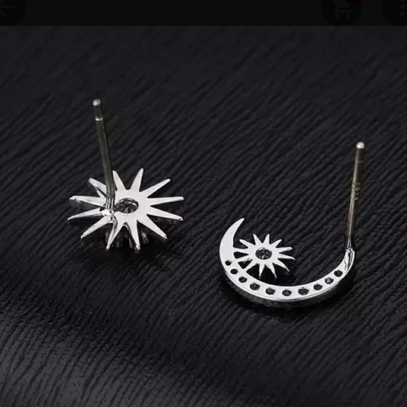 Silver Diamond Dainty Moon Shining Star Earrings - Picture 4 of 4